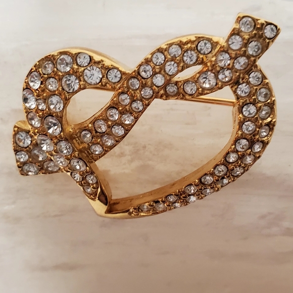 Swarovski Signed Swan Gold Tone Open Heart Brooch Full Pave Set Crystals - Picture 5 of 12